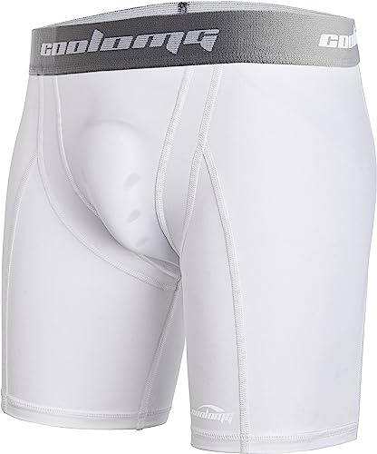 COOLOMG Men Compression Shorts with Cup Pocket for Baseball Football White
