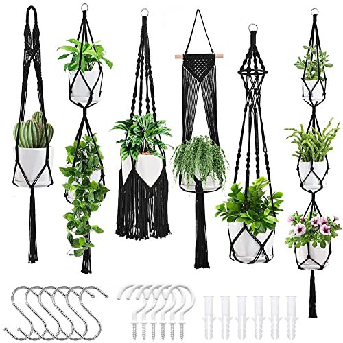 Povxlum Cintres en Macramé Lot de 6 Jardinières Suspendues pour Plantes D'Intérieur avec Kit de Suspension, Faits à la Main pour Pots de Fleurs