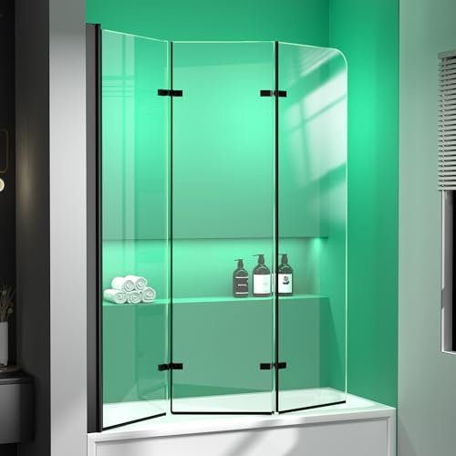 GETPRO Puerta de ducha sin marco, plegable, con bisagras, pantalla de vidrio para ducha con revestimiento templado, panel de vidrio negro mate, tamaño 51 pulgadas de ancho x 59 pulgadas de alto