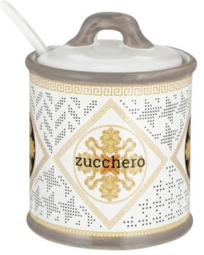 Baroni Home Zuccheriera Decorata in Ceramica con Coperchio e Cucchiaio Incluso, Accessorio da Cucina Colorato Resistente, Linea Domus, 8x8x10 cm