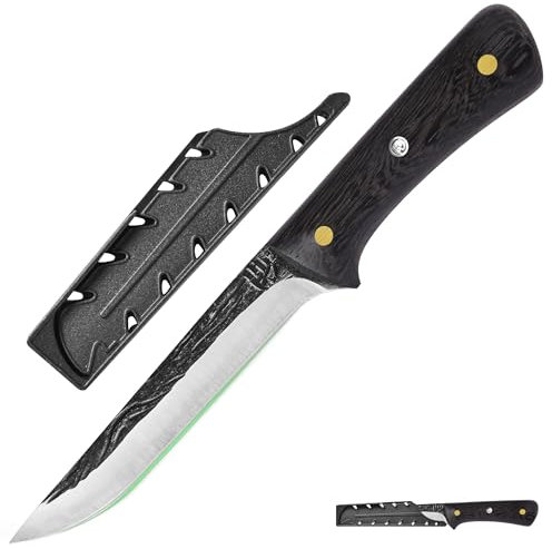 FULLHI 2pcs Manico in legno per disossare con fodero, coltello da pesca in acciaio ad alto tenore di carbonio per affettare e disossare, per cucinare in campeggio e per il barbecue. (Marrone, 14.1cm)