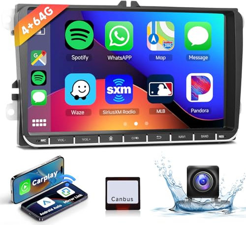 4G & 64G bilradio 9 tum Bluetooth för VW Golf 5 6 Polo Passat Skoda Touran Seat Carplay trådlös Android Auto, WiFi GPS Navi HiFi RDS/2 DIN FM-radio med AHD/DVR/Canbus backkamera