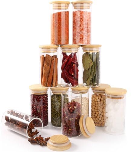 FoiiLiio 12 Bocaux à Épices Ronds en verre 150 ml avec couvercle en Bambou, RéCipient à ÉPices, Ensemble de Pots à ÉPices, Boite a Epices Cuisine Rangement avec Étiquettes Vierges