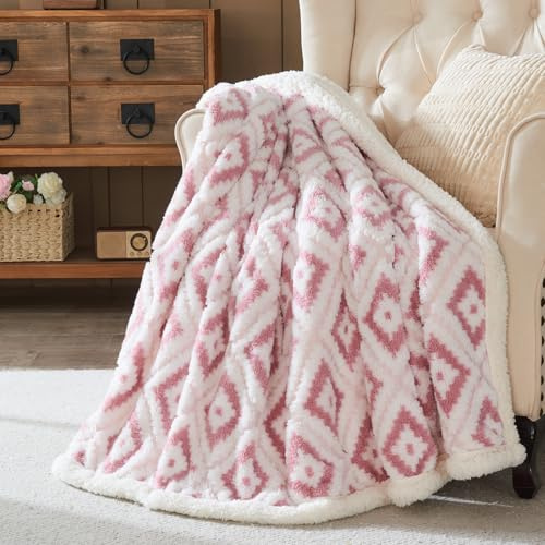 Wajade Sherpa Throw Fleece Blanket Fluffy Throw Double Fuzzy Flannel Cosy Warm Blanket for Bed Sofa Couch Car Home Pink 127 * 153
