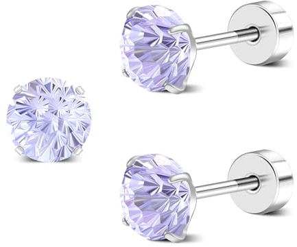 ZDE Titanium Femmes Flatback Boucles d'oreille AAAA + Cubique Zirconia Argent CZ Simulé Diamant Boucles d'oreille Stud Hypoallergénique Cartilage Boucle d'oreille 6mm