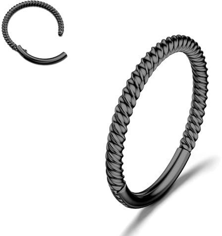 BodyBonita Piercing Nariz Aros con Bisagras - 316L Acero Quirúrgico sin Costuras Cierre de Clic Cartílago Piercing Oreja Tabique Nasal Caracola Trago Hélice Daith Mujer Negro 18G 8 mm