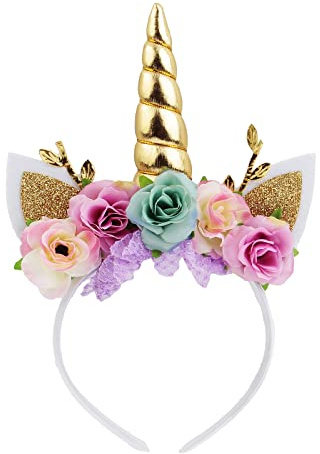 Nishine Rose Blumen Einhorn Stirnband mit Glitzer-Horn Kopfschmuck Tiara für Geburtstag Halloween Party Karneval (Gold & Türkis)