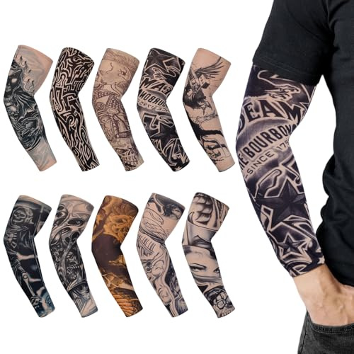 AOOSA 10Pcs Fake Temporary Tattoo Sleeves, Cool Art Tattoo Arm Sleeves for Men and Women, Summer Sunscreen Nylon Stretch Sleeve, Suitable for Outdoor Sports, Driving, Parties and Halloween