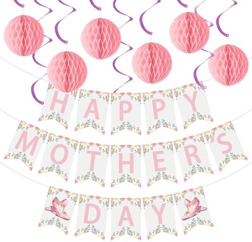 Guirnalda de Feliz Día de la Madre con cintas colgantes, artículos de decoración para fiestas del Día de la Madre, decoración de bolas de panal rosas para fiestas, para colgar en interiores