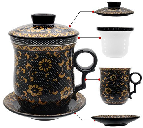 HOLLIHI Porcelana Taza de té con Tapa y platillo infusor Sets – Chino Jingdezhen cerámica Taza de café de té Sistema de preparación de té para Oficina en casa