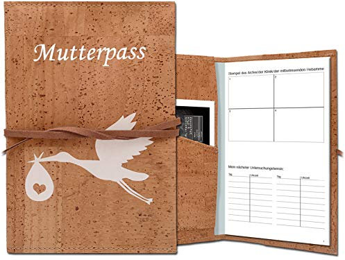Simaru Mutterpasshülle aus Kork - Schutzhülle für Mutterpass, Ultraschallbilder & Karten - Mit Storch-Druck