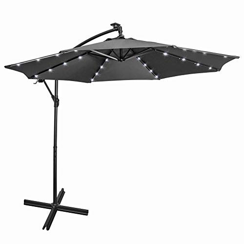 Mondeer Cantilever Parasol with Solar LED Lighting, 3m Garden Umbrella with Cover Aluminium Waterproof UV Protection Height Adjustable Crank Handle for Outdoor Garden Patio (Grey)