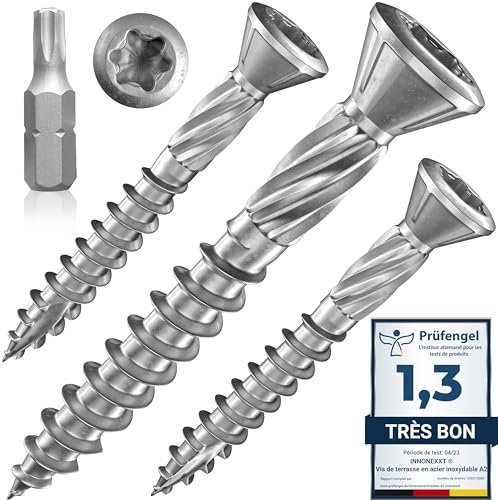 INNONEXXT Tornillos para terraza Muesca de corte Torx | A2 TX25-5,0x40mm - 200 uds| Tornillos para tarimas de acero inoxidable de primera calidad con recubrimiento deslizante, tornillo tarima madera