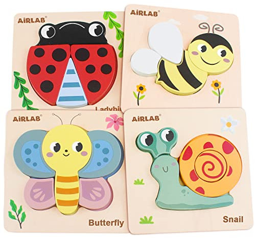 Airlab Montessori Spielzeug Holzpuzzle für Kinder, Holzspielzeug Puzzle ab 1 2 3 Jahre, Baby Steckpuzzle mit Aufbewahrungstasche, 4er-Set Puzzle Lernspielzeug Pädagogisches Spielzeug Geschenk
