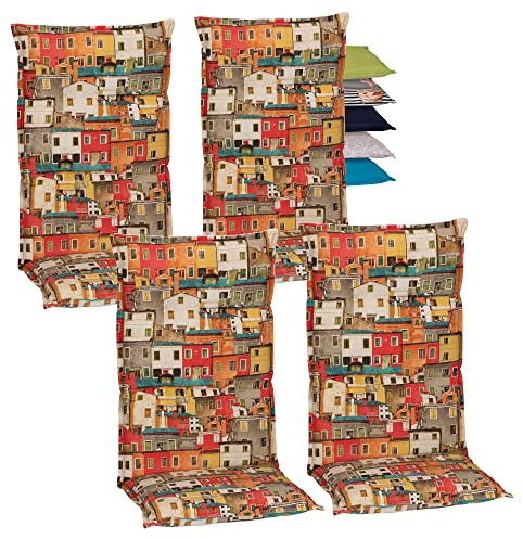 Beo Hochlehner-Auflagen 4er Set UV-beständig Turin | Made in EU Premium-Qualität | Gartenstuhl-Auflagen waschbar | Atmungsaktive Stuhlauflagen Hochlehner | Sitzauflagen mit Sardinien-Muster bunt