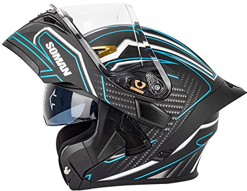 Casque Moto Modulable Homologué ECE Homme Et Femme Multifonction Flip Up Casque Adulte Moto Avec Double Visière Pour Anti-Collision Casque Scooter Casque Integral Pour Locomotive,Noir Bleu-L(59~60cm)