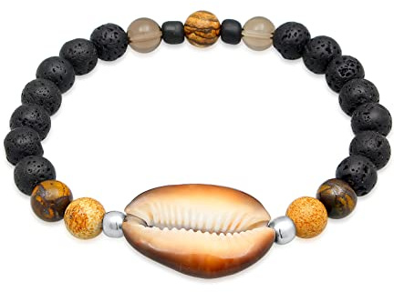 Kuzzoi Buddha Bracciale da uomo in pietra naturale elastico in perle occhio di lava e tigre (8 mm) con elementi in argento sterling 925 ossidato e un braccialetto da surfista Kauri
