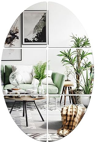 JINGIHE 6Pack Acrylic Mirror Wall Stickers,Oval Mirror Tiles Self Adhesive, Unbreakable Mirror Stickers, Shatterproof Mirror Sheets for Bathroom Living Room (Silver)