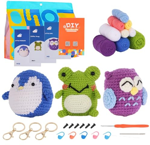 Nutgun Beginners Crochet Kit, Crochet Kit for Beginners Adults,Complete Crochet Set to Make 3PCS Animals,Include Yarn, Eyes, Stuffing, Crochet Hook,Step-by-Step Instruction and Video Tutorial