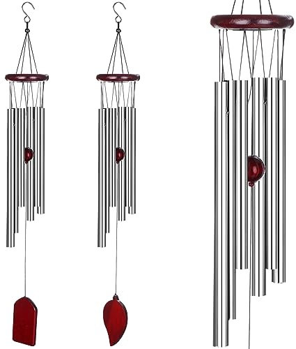 Premium Outdoor Wind Chimes, 27 Inch Deep Tone, 6 Hollow Aluminum Tubes with Copper Red Bells, 2-Pack Garden Decor (Silver)