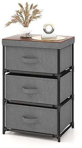 KOMFOTTEU Kommode mit 3 herausnehmbaren & faltbaren Schubladen, Aufbewahrungsmöbel aus Stoff, robuster Metallrahmen, ideal für Schlafzimmer, Wohnzimmer, Büro, Studie (Grau, 1 Stück)