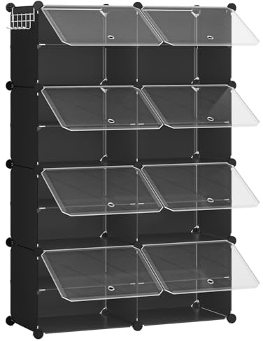 HOOBRO Mueble Zapatero, 8 Compartimentos, Modular Zapatero, Estantería de Plástico, con Puerta, Compartimento 40 x 30 x 30 cm, para Salón, Pasillo, Entrada, Dormitorio, Negro EBK28SC01G1