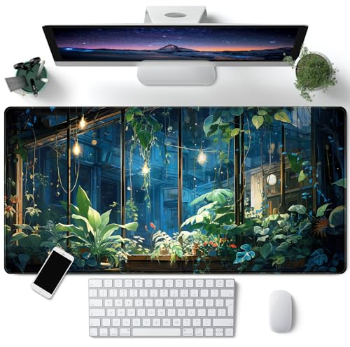 Skrivbordsunderlägg med gröna växtmotiv, stor musmatta för gaming, förlängd tangentbordsmatta, stadsutsikt, estetiskt, XXL 80 x 40 cm, kontorsinredning och söta skrivbordstillbehör för kvinnor