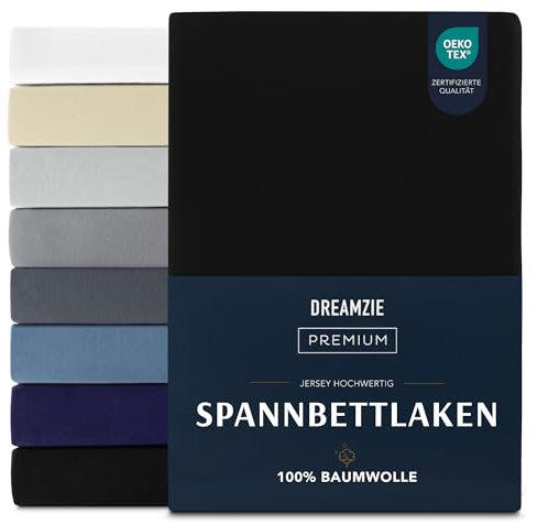 Dreamzie Premium Spannbettlaken 180x200 cm, Spannbetttuch für Dicke Matratzen bis zu 27 cm, Bettlaken 100% Jersey Baumwolle, 150 g/m², Oeko-TEX Zertifiziert - Schwarz