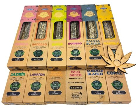 Incienso Orgánico ULLAS Pack 12 Uds. Varillas de Incienso Hechas a Mano 100% Natural - Varias Fragancias + 01 Quemador - Aromas Surtidos Según Disponibilidad
