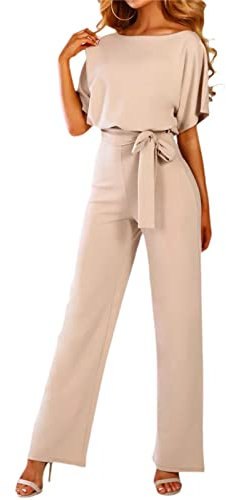 YILEEGOO Women's Casual Jumpsuits Solid Color Batwing Sleeve Playsuit Crewneck Loose Rompers Belted Wide Legs Overall S-3XL (Apricot, M)