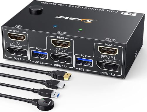 USB 3.0 Dual Monitor KVM Switch HDMI+Displayport 4K@60Hz, 2K@120Hz, MLEEDA 2 Monitors 2 Computers KVM Switch for 2 Computer Share 2 Display and 4 USB3.0 Devices. Wired Remote and 4 Cables Included