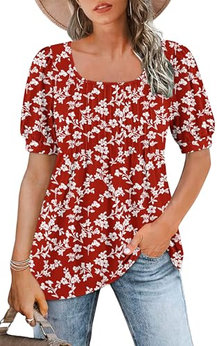 WNEEDU Ladies Tops Square Neck T Shirts for Women UK Summer Puff Short Sleeve Blouses Pleated Tunic Tshirts Flowy Elegant Casual Tee White Floral On Red L