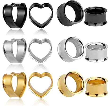 GUSXPPD 6 Pairs Stainless Steel Screw Tunnels Fit, Heart-Shaped Ear Stretching Kit, Double Flared Plugs Gauges, Flesh Tunnels, Ear Tunnels Strectchers, Ear Gauges Expander for Men Women (8MM)