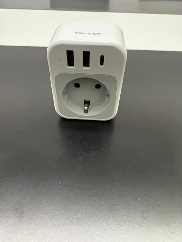 TESSAN Ladron Enchufes con USB C, 4 en 1 Cargador Ladrón Enchufes, Regleta Pared con 3 USB, Multiple Pared para Oficina, Cocina, Compatible con Móviles, Blanco y Gris