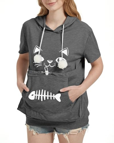 MEGAVOW Sweat à Capuche à Manches Courtes pour Femme Chemisier avec Grande Poche Confortable Pull Chat Sweatshirt Hoodie Printemps Automne Été Pullover Blouse