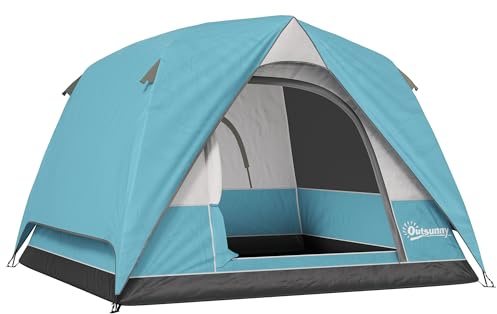 Outsunny 3-4 Person Camping Tent, Easy Set Up Waterproof Dome Tent with Sewn-in Groundsheet, Mesh Windows, Pocket and Hook for Camping, Hiking, Backpacking, Navy Blue and Light Blue