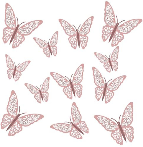 12 Pieces 3D Butterfly Wall Stickers for Room Decor - Girls Bedroom Decor with Pink Room Decor Style, Rose Gold Butterflies in 3 Sizes, Removable & Reusable for Party Decorations