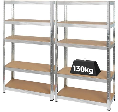 Harbour Housewares 5-Tier Steel Garage Shelving Units Set - Galvanised - 2pc Heavy Duty Free Standing Industrial Shed Storage Racking Shelves | Boltless Assembly | 650kg Capacity | 75 x 30 x 150cm