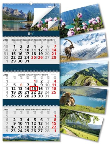 Timr calendario 3 mesi 2026 immagini - calendario da parete 3 mesi con cursore da appendere - calendario illustrato 6 motivi intercambiabili - 81 cm - multilingue D GB F E - tr338