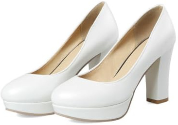 Zapatos de Boda de tacón Grueso para Mujer con Punta Redonda Tacones de Novia sin Cordones Zapatos de Oficina de Trabajo con Plataforma,Blanca,38 EU