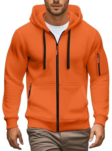Sweat à capuche zippé pour hommes avec poches, manches longues, bord côtelé, coupe ajustée, décontracté, Orange, L