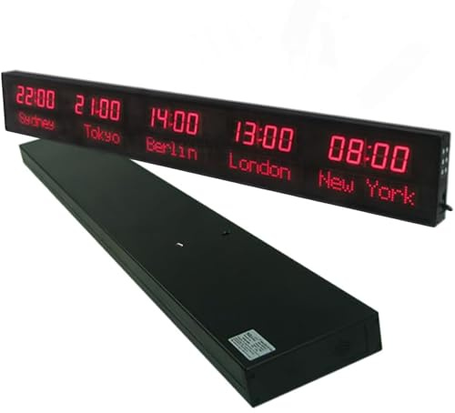 Mavdecll Horloge Mondiale avec fuseaux horaires, Horloge numérique LED Murale à 5 fuseaux horaires, Ville modifiable, idéale pour Les hôtels, Les aéroports et Les lieux de Divertissement.