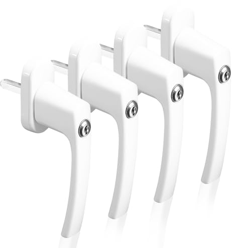 Set di 4 Maniglie per Finestre con Blocco di Sicurezza Bambini – Maniglia per Finestra e Porta Balcone in Alluminio Bianco con Serratura, Perno da 35mm, Robusta e Facile da Installare (Con chiave)