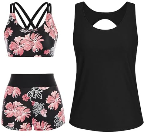 CheChury Tankini-set för kvinnor, 3 delar, atletiska badkläder, racerback topp, sport-bh och badshorts med fickor, baddräkt blygsamma tankini-set Storbritannien, S