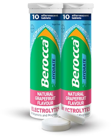 Berocca Hydrate Effervescent Tablets, Grapefruit Flavour, 20 Tablets | Berocca Hydrate Electrolyte Tablets, Enhanced Hydration And Energy Support, Vegan, Gluten Free, Caffeine Free