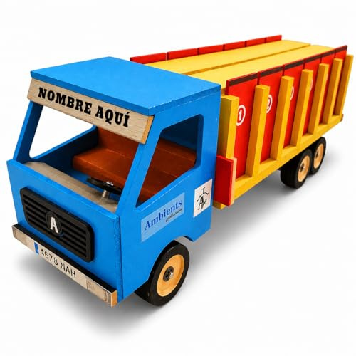 AMBIENTS ARTESANIA Camión de Toros Juguete Personalizable con 6 Toritos, Cajón con Compartimentos, 12 Puertas y Rampa, Madera Sostenible, Regalo Taurino para Niños, 42 x 12 x 19 cm