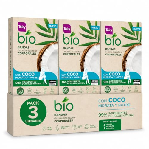 Taky Bio Bandas de Cera Corporales con Coco Pack 3 Unidades | 48 Bandas Depilatorias + 6 Toallitas Post Depilación | 99% Ingredientes de Origen Natural | Depilación Corporal Mujer