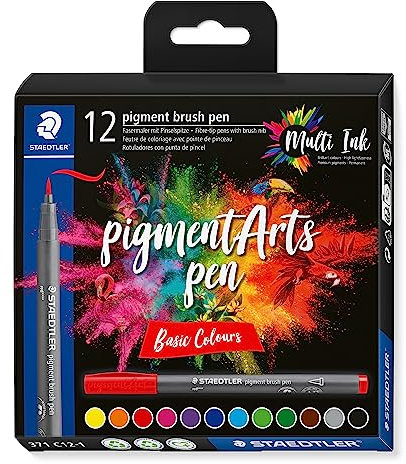 STAEDTLER brush pen pigment Arts, pigmentierte Premium-Zeichentusche, Pinselspitze für variable Linienbreite, wasserfest, 12 brush pens in sortierten basic colours im Kartonetui, 371 C12-1
