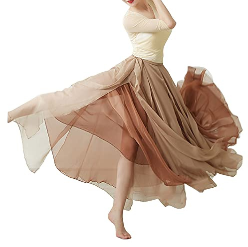 GUOCU Donna 720 Gradi Elegante Colore Sfumato Gonna in Chiffon Doppio Strato Stile Etnico Gonna Divisa Fluida di Danza Classica Cinese Allenamento Costume da Spettacolo Teatrale Khaki XS