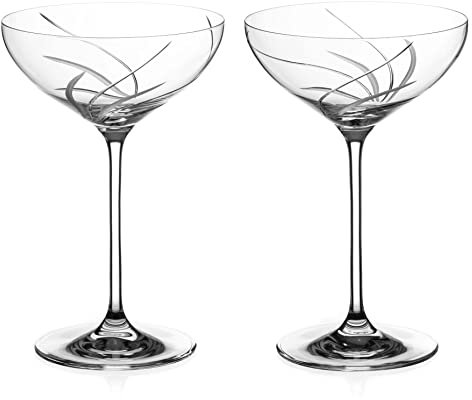 DIAMANTE Champagne Cocktail Saucers Coupes Pair - ‘Meadow’ Collection Hand Cut Design - Set of 2 in Gift Box